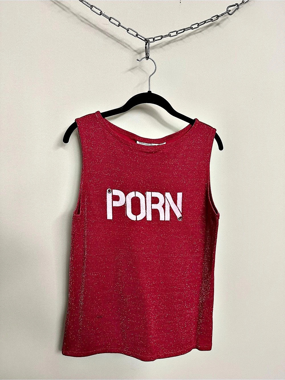 PORN Glitter Red Shenanigans Graphic Tank Top Grommet Embellished